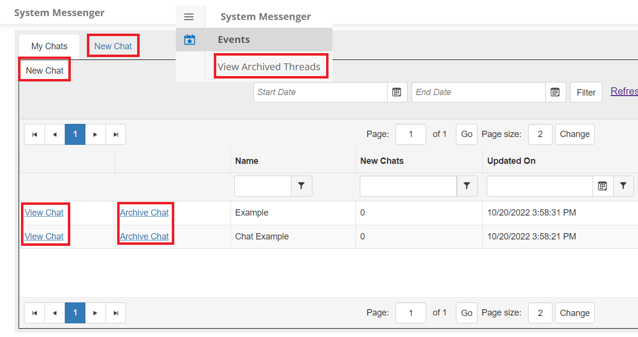 System Messenger page displays