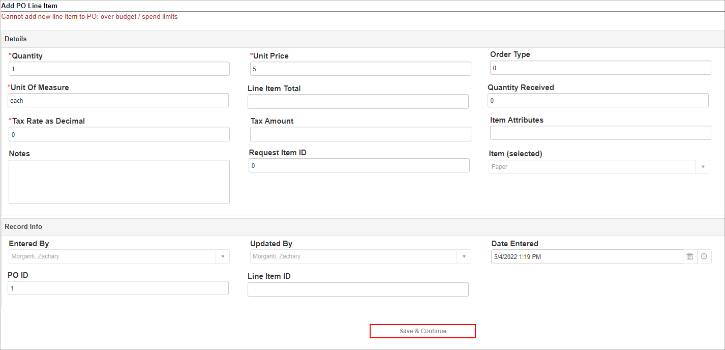 Add PO Line Item screen displays enter required fields