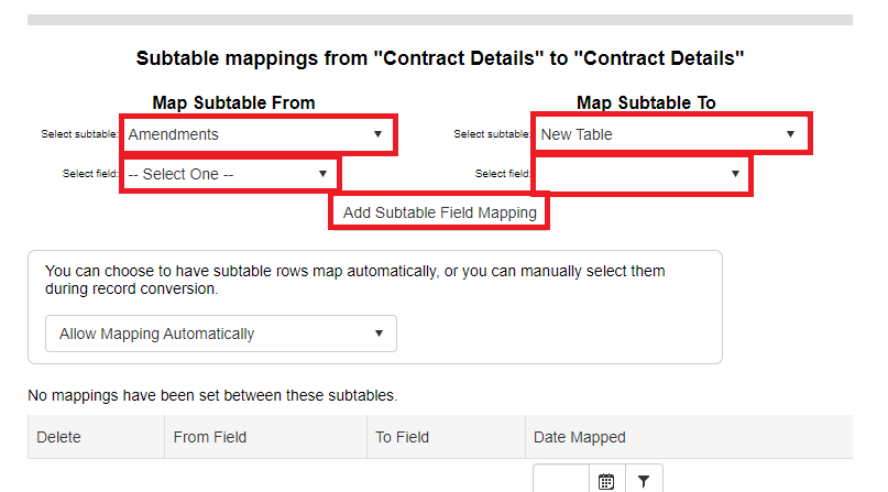 The Map Subtable From and Map Subtable To sections are highlighted, as well as the Add Sub-Table Mapping button.