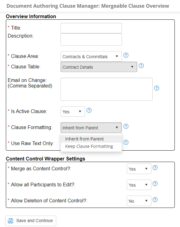 clause formatting dropdown