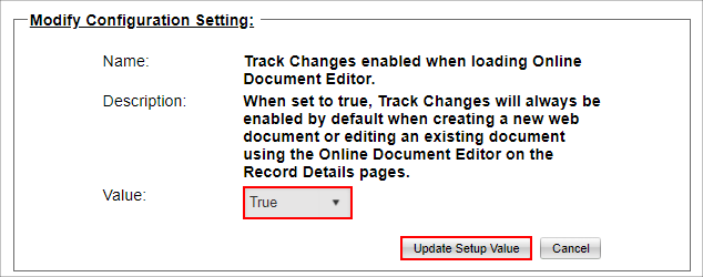 Modify Configuration Setting box. The Value dropdown and Update Setup Value button are highlighted.