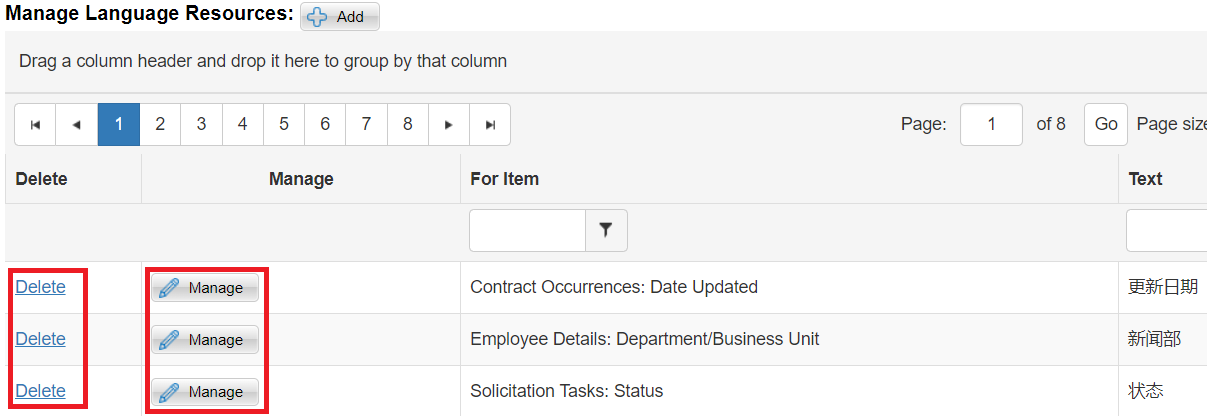 The Manage Language Resources table. the Delete and Manage columns are highlighted.