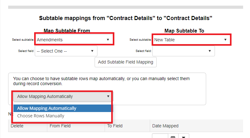 The select subtable dropdown menus in Map Subtable From and Map Subtable To are highlighted. The Dropdown menu for Allow Mapping Automatically is also highlighted, displaying the alternate option Choose Rows Manually.