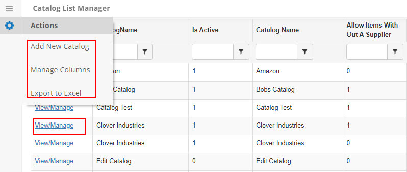 Graphical User Interface, text, Side Menu  Actions View/Manage Catalog List 