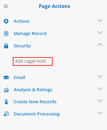 Click Add Legal Hold under Security in the Side Menu