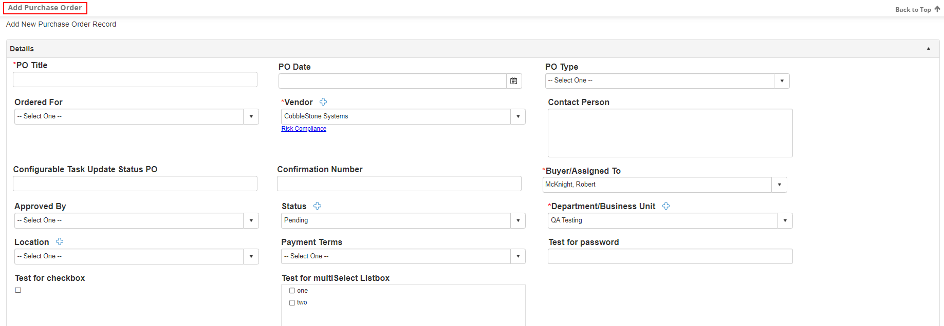 Add New Purchase Order Add Screen