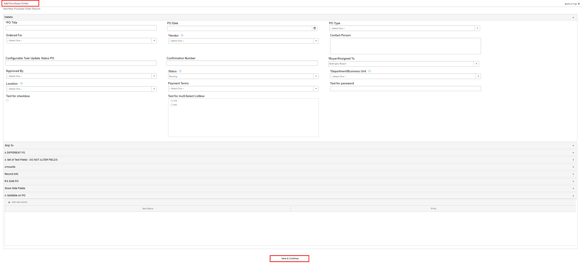 Add Purchase Order screen displays required fields