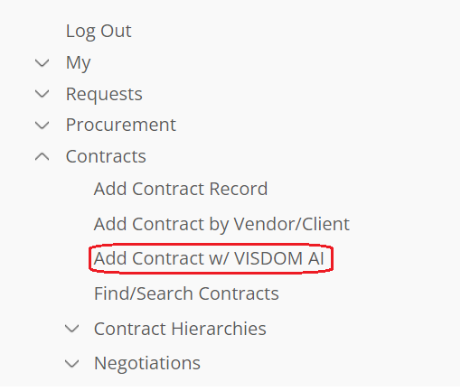 The ContractInsight Main Menu. Add Contract with VISDOM AI is highlighted