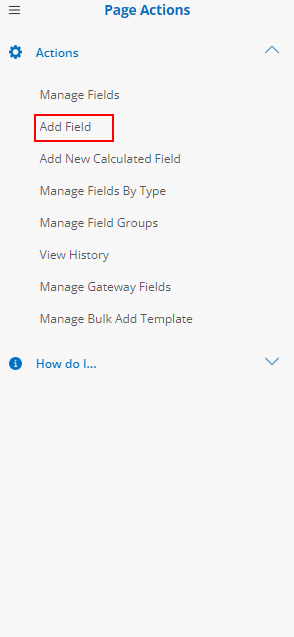 Page Actions on the side menu allow you to add new fields to the table