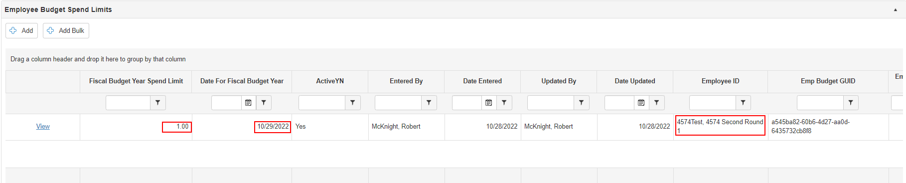 Click View to view an Employee Budget Spending Limit from the sub-table