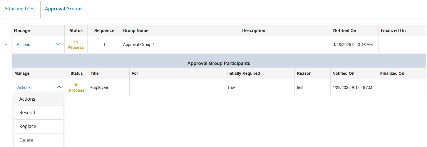 Picture shows the participants and groups associated with the process. Using Actions you can Resend, Replace, or Delete participants.