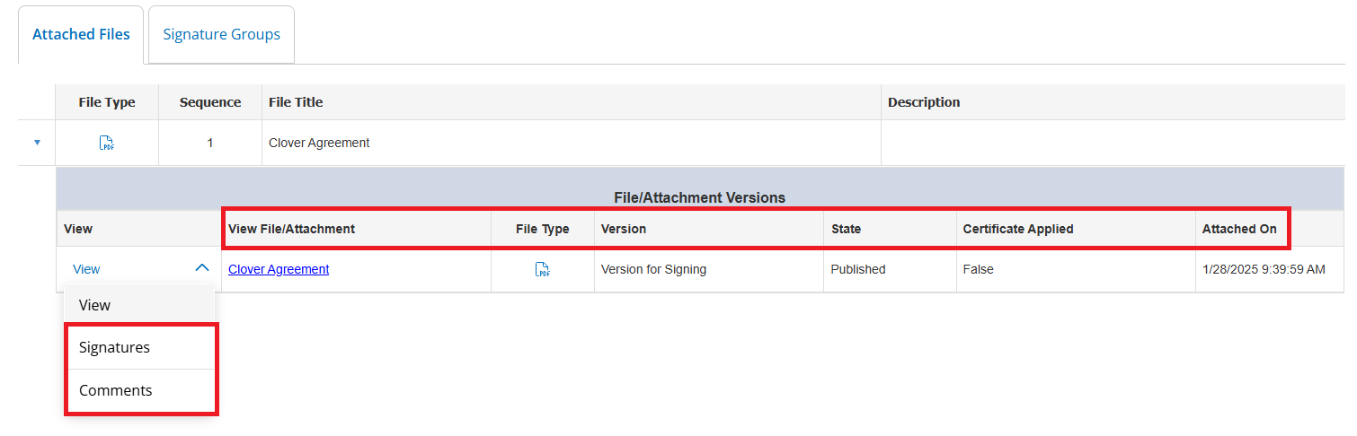 The attached files on the process with the view expanded to show signatures and comments.