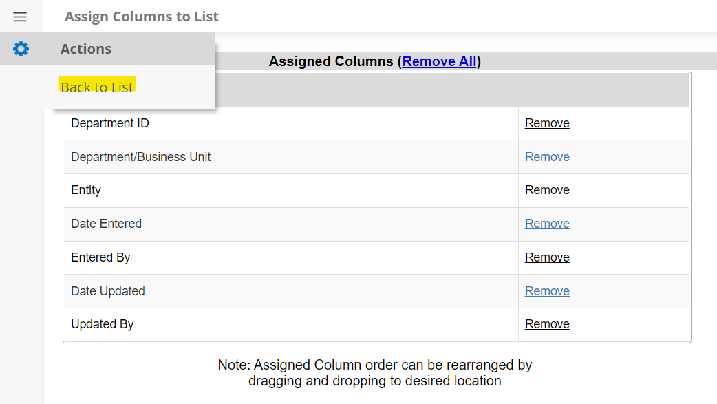 The Actions Menu on the Assign Columns to List page of ContractInsight. The "Back to List" option is highlighted.