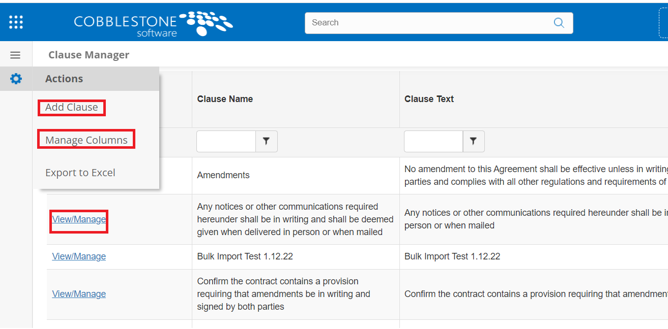 The Clause Manager page. The Actions Menu is open. The Add Clause and Manage Columns options are highlighted.
