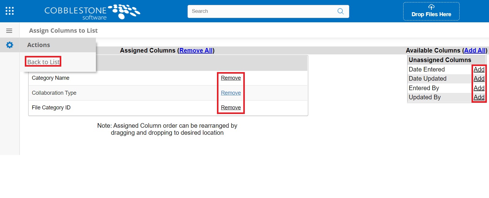 The Assign Columns to List Page. In the Assigned Columns, the Remove option is highlighted. In the Unassigned Columns, Add is highlighted.