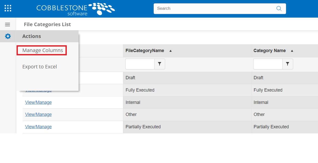 The File Categories List page. The Actions menu is open and the Manage Columns option is highlighted.