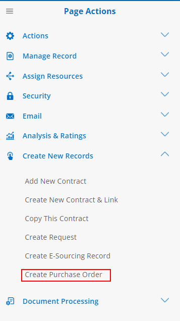 Navigate to a Contract Record and Click Create Purchase Order from the side menu under Create New Records