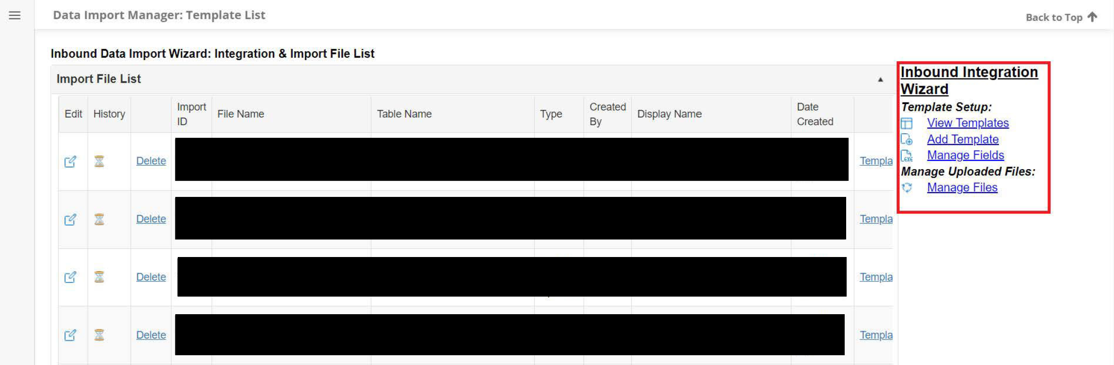 Page where you are able to view, add, and edit templates for the Data Import Manager.