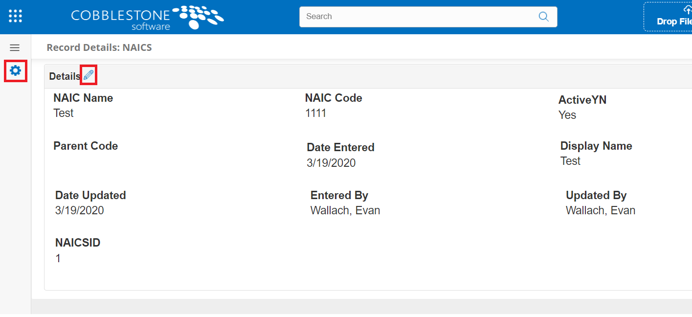 The NAICS Record Details page. The pencil icon used to edit fields is highlighted.