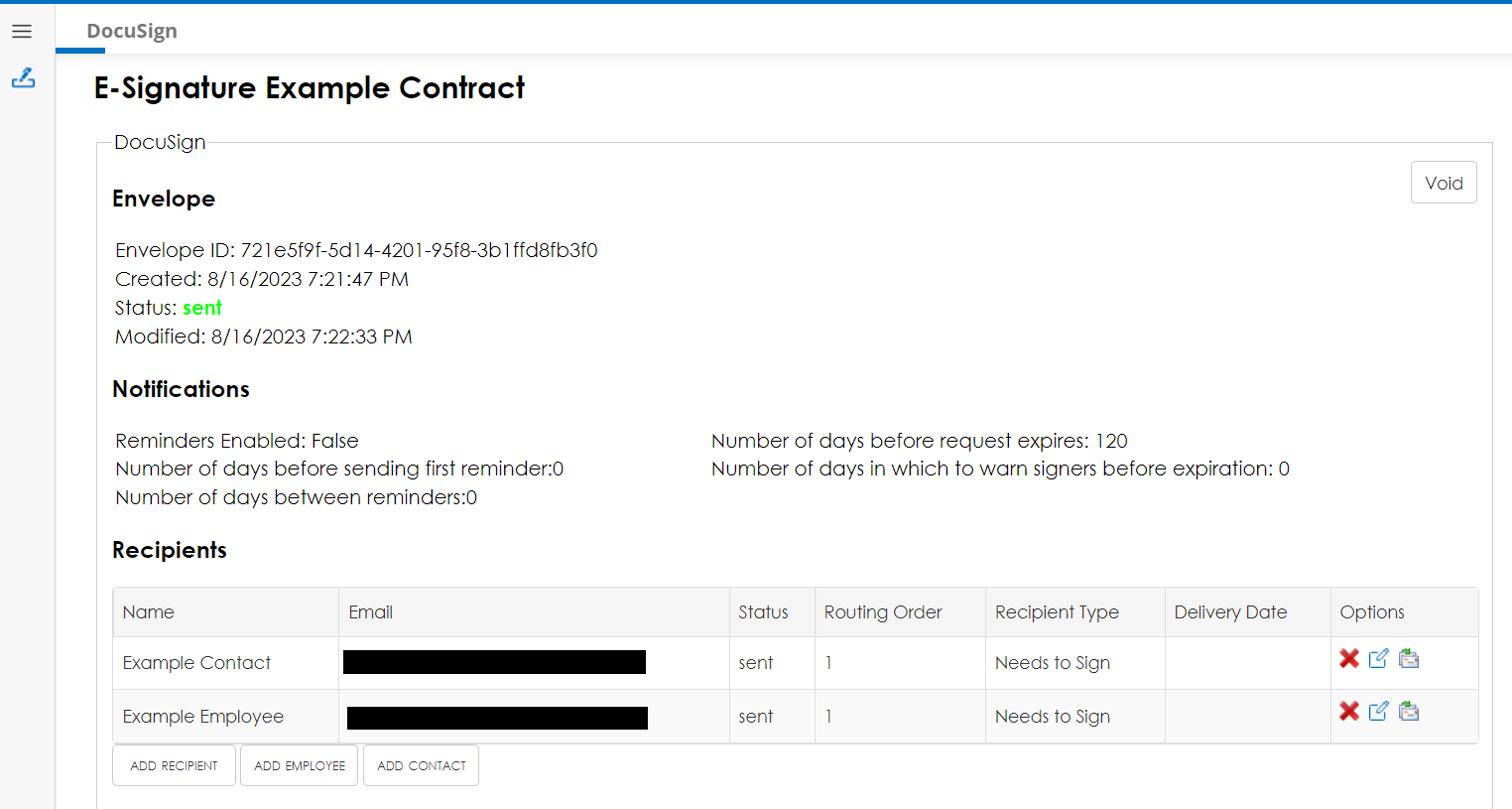 Status and information of Docusign Signing Process emails sent