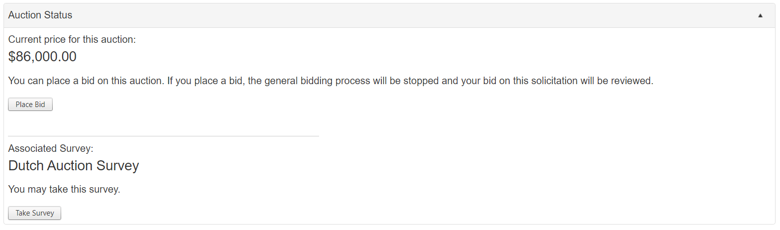 User Graphic Interface - Auction Status  to place bid and Take Survey options
