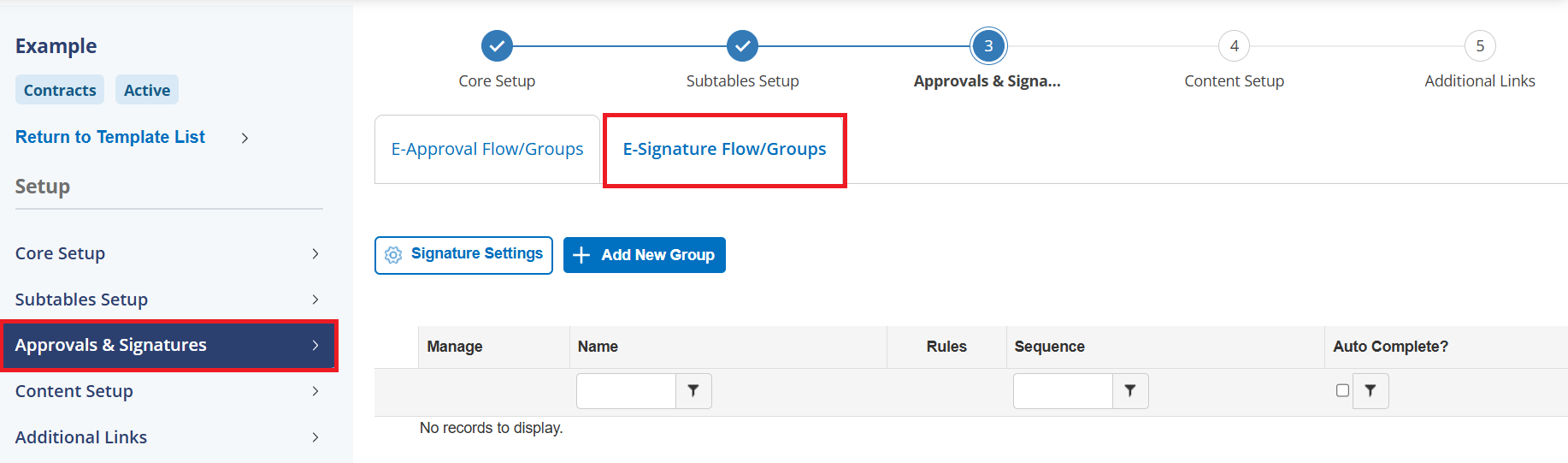 Navigation to the E-Signature Flow/Groups.