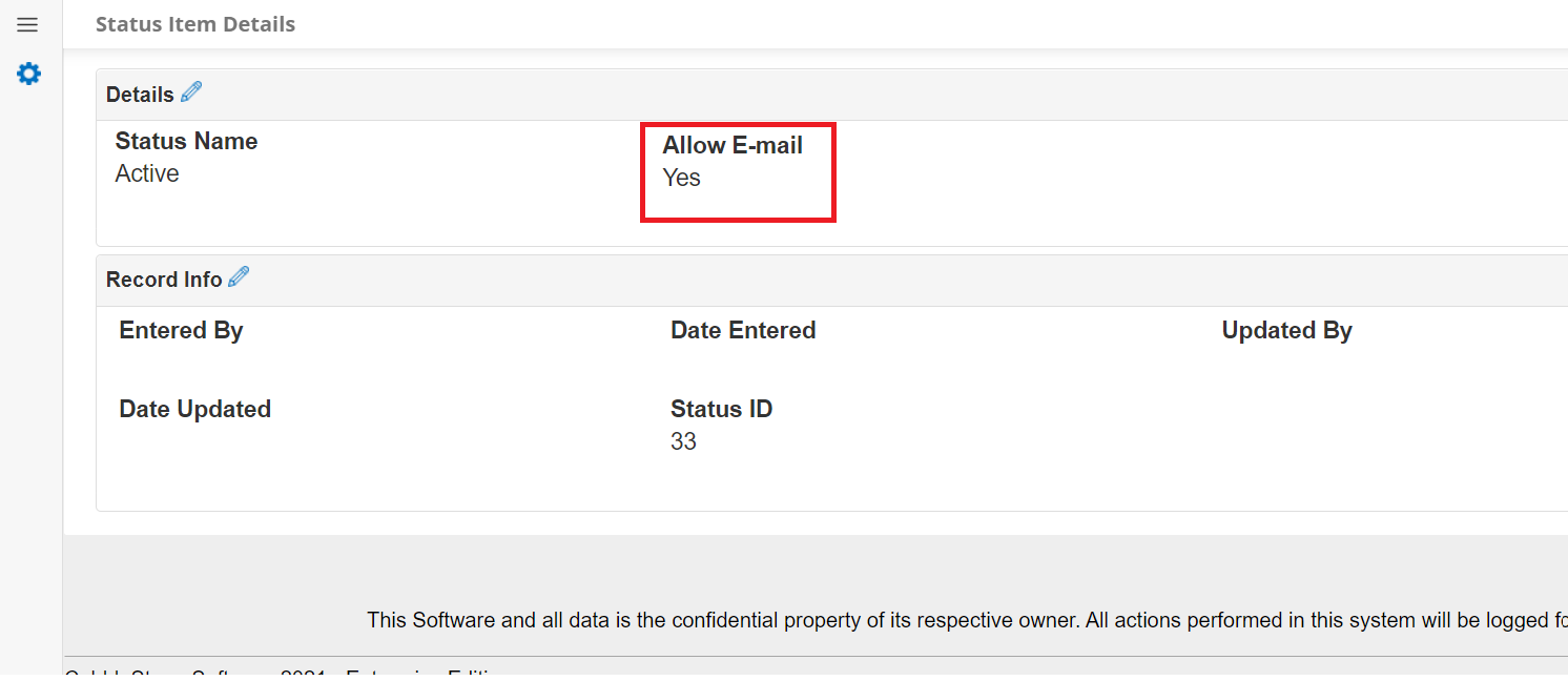 The Status Item Details Page. The Allow E-Mail attribute is highlighted.