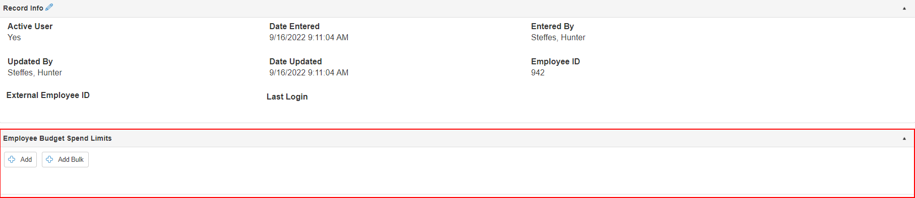 Employee Budget Spend Limits table