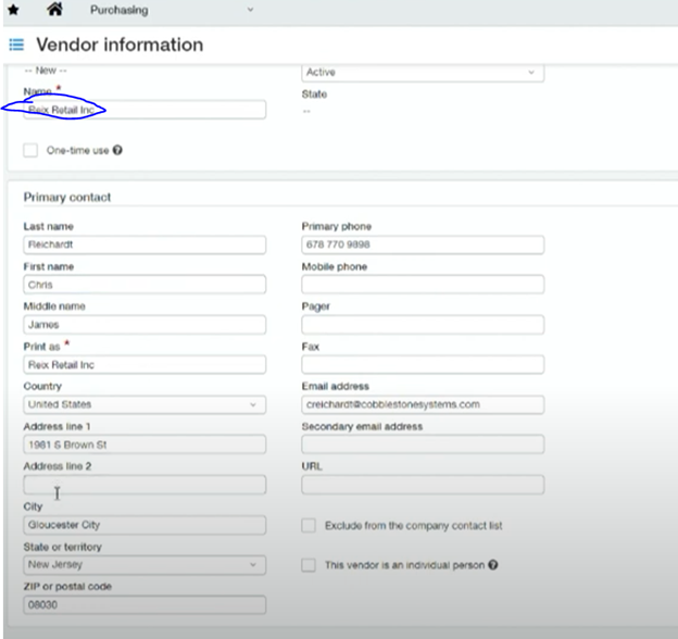 Sage Intacct Vendor Creation Screen