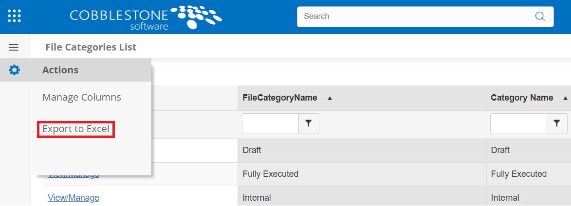 The File Categories List page. The Actions menu is open and the Export to Excel item is highlighted.