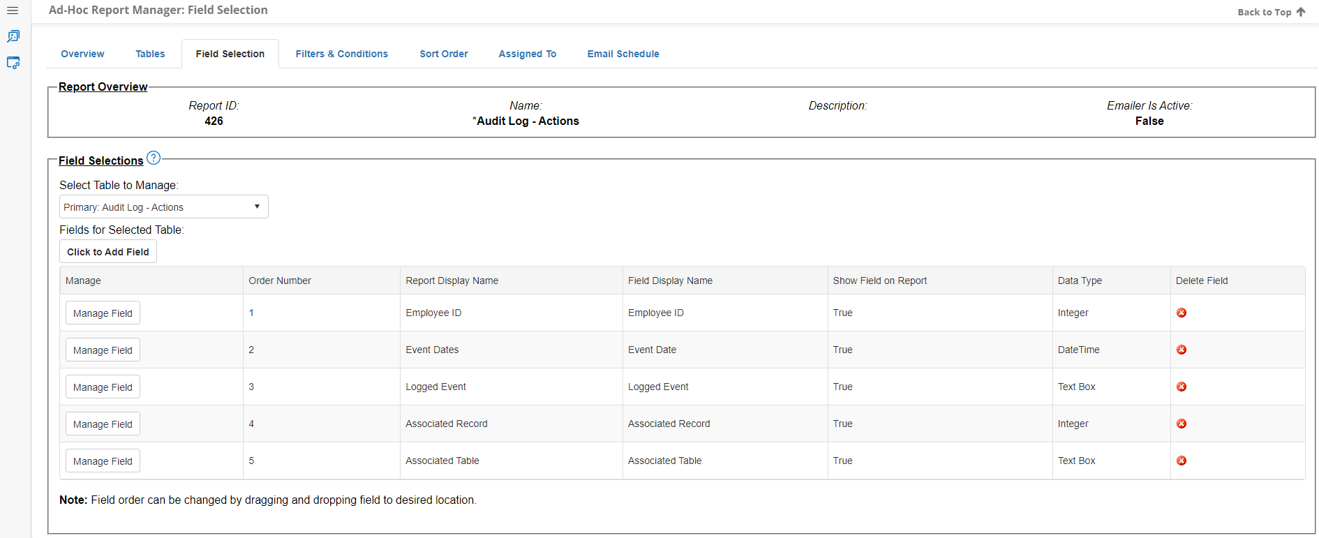 Ad-Hoc Report Manager: Field Selection Tab