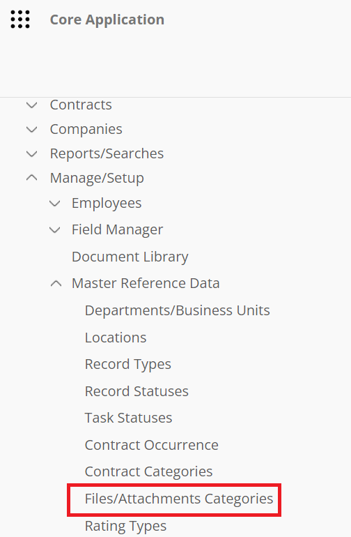  The ContractInsight main menu. Files/Attachments Categories is highlighted.