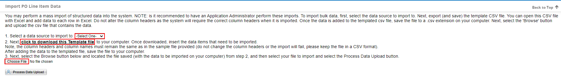 Click PO Line Items to display a link to download the template file