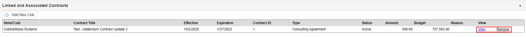 Linked and Associated Contracts displays the Contract Record this was created from