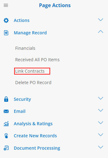 Link Contracts is on the side menu of a PO Record under Manage Record