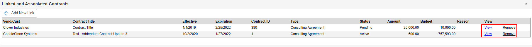 Linked and Associated Contract Details table will show all linked records to that PO record