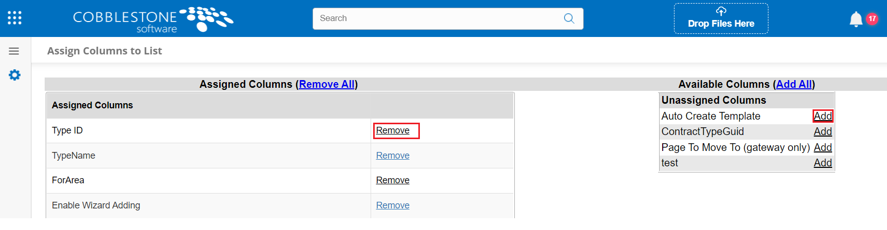 The Assign Columns to List Page. The Remove link is highlighted on the top item in Assigned Columns. The Add link is highlighted in the top item in Unassigned Columns