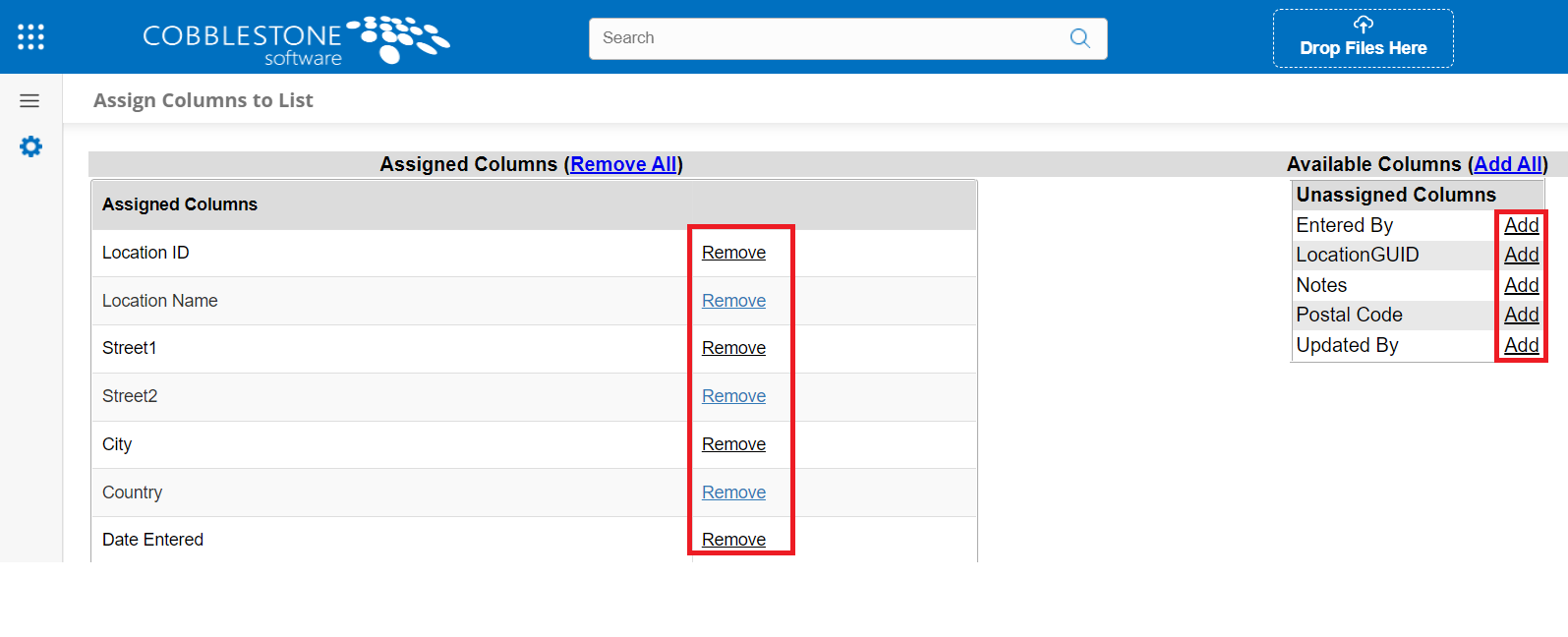 The Assign Columns to List Page. In the Assigned Columns, the Remove option is highlighted. In the Unassigned Columns, Add is highlighted.