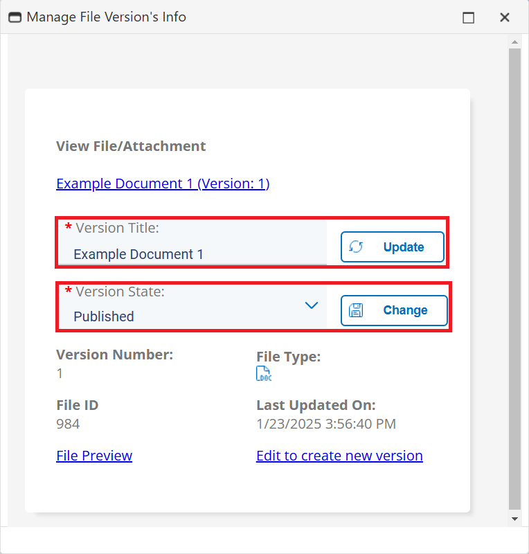 Using this window you can modify the version information of the attachment on your Document Template.