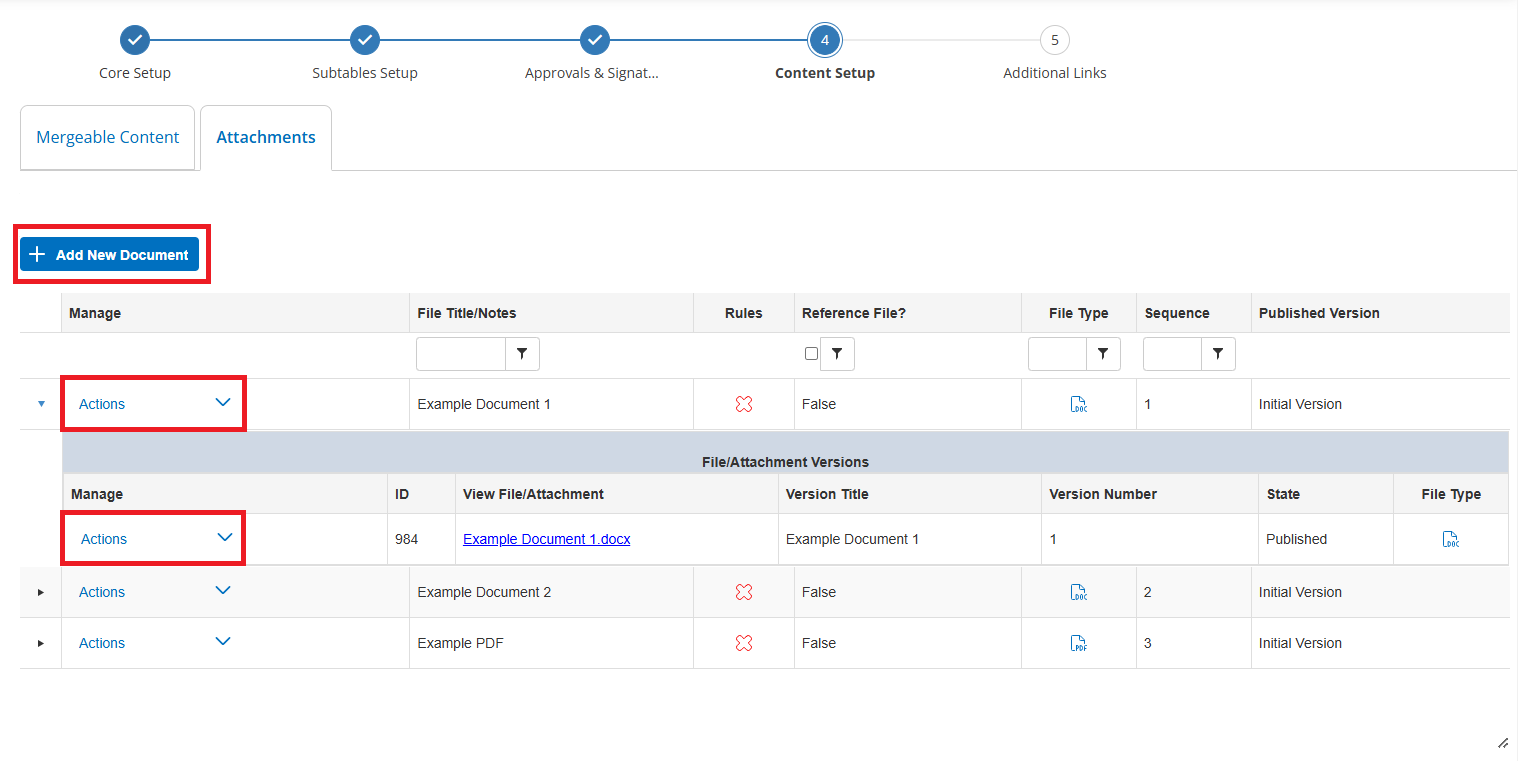 The attachment tab where you can configure attachments within a Document Template.