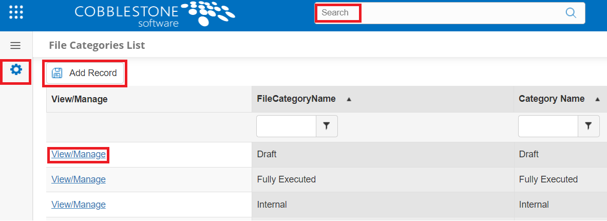 The File Categories List page. The Add Record button and the View/Manage link for the first item on the list are highlighted.