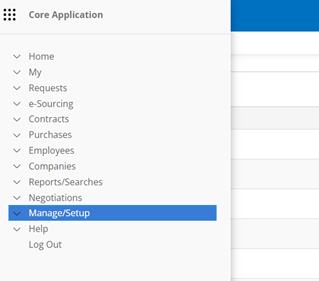 Contract Insight Main Menu. Manage/Setup is highlighted