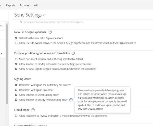 Send Settings for Adobe Acrobat Esign