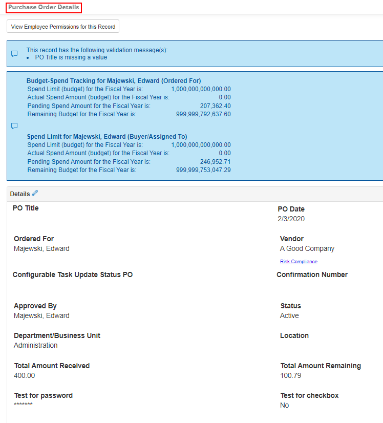 Purchase Order Details Screen of a record