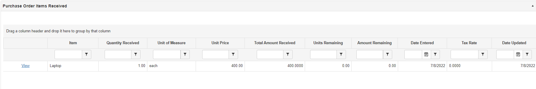 View the order, as viewed in full in the Purchase Order Items Received area.