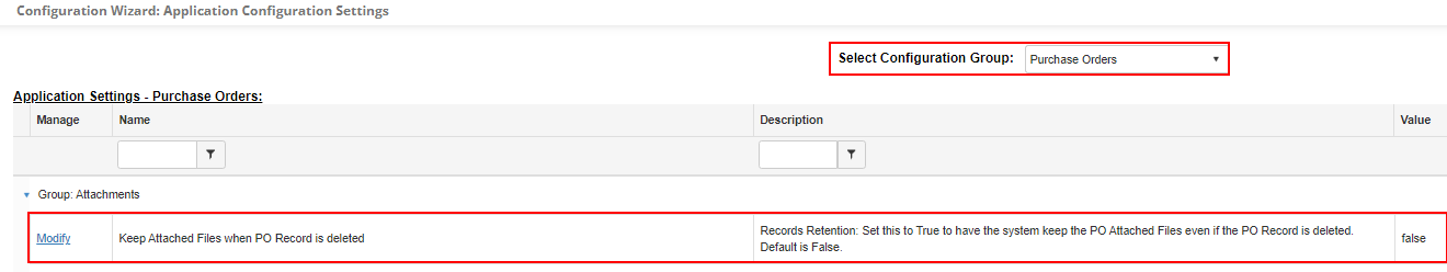 The Application Setting for whether to keep the attached files for a Purchase Order if the Purchase Order Record is deleted should be set to True to retain the files for a PO if the PO is deleted.