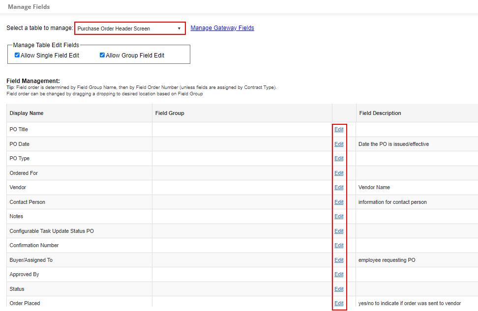 Fields are displayed that you can click Edit on to modify their values