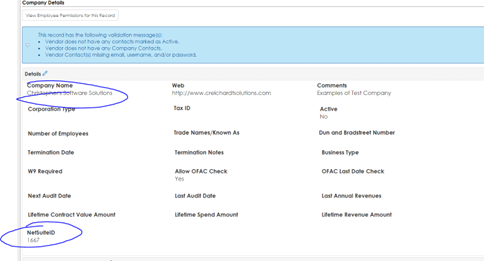 The company created in NetSuite now displaying in Contract Insight. The Company name and NetSuite ID are circled.