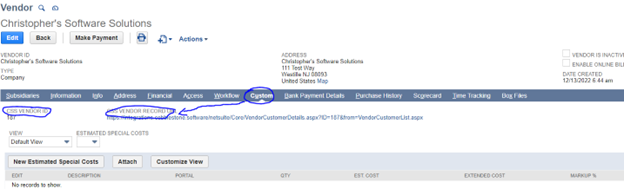 The record for the created company in Netsuite. The CSS Vendor ID and CSS Vendor Record URL fields are circled, displaying the information from Contract Insight.