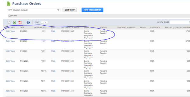 The New Purchase order is circled on the NetSuite PO List page